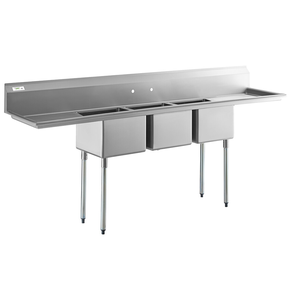 Regency 103 inch 16-Gauge Stainless Steel Three Compartment Commercial Sink with Galvanized Steel Legs and 2 Drainboards - 17 inch x 17 inch x 12 inch Bowls