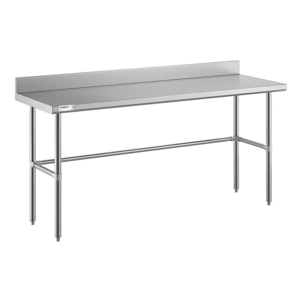 A stainless steel work table with an open base, four legs, and a 4-inch backsplash along the back edge.