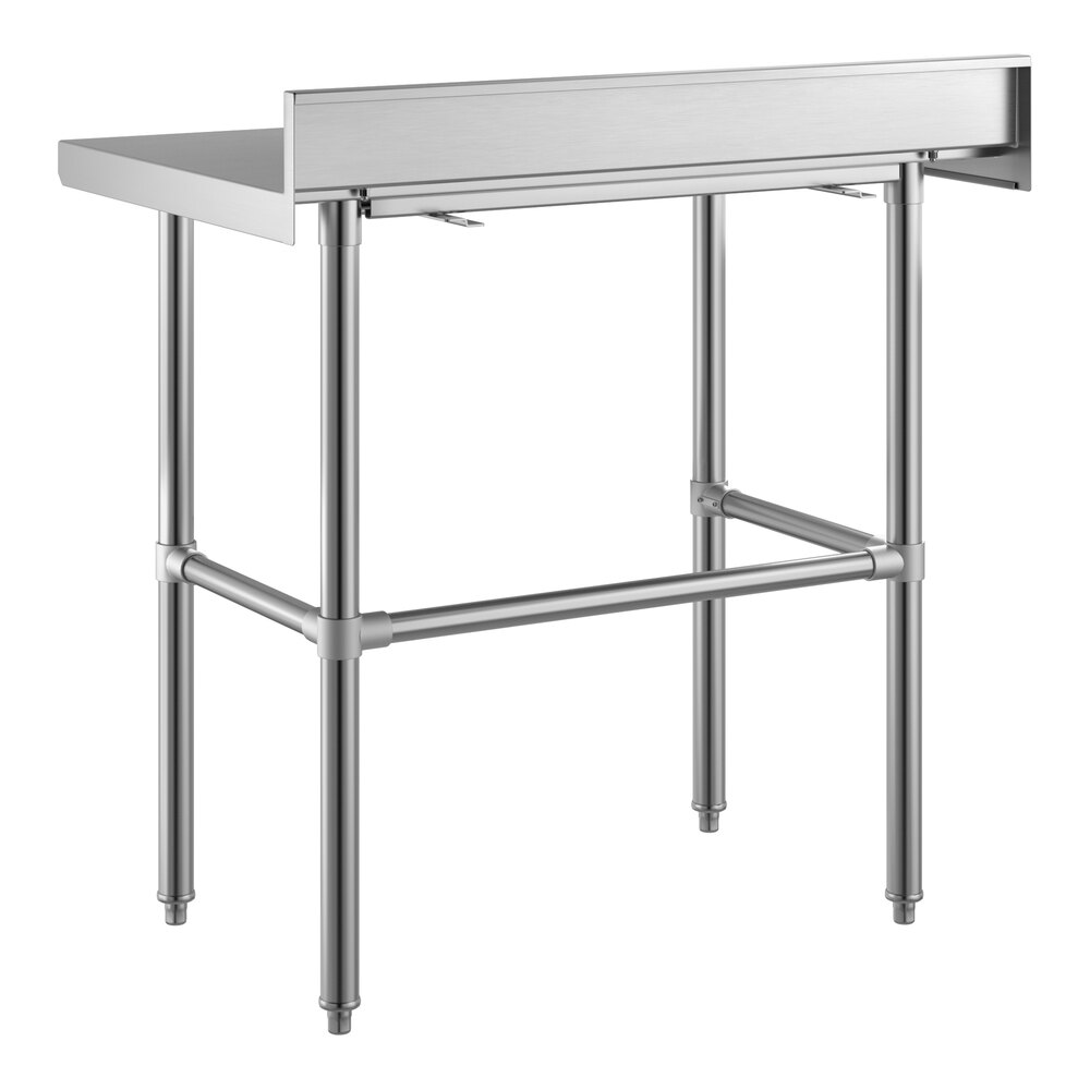 A stainless steel work table with an open base, four legs, cross supports, and a 4-inch backsplash along the back edge.