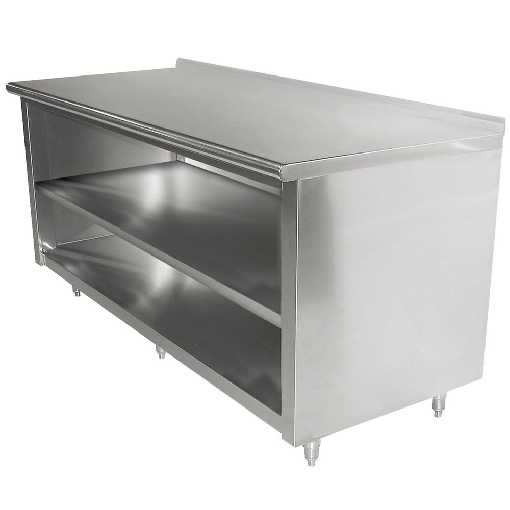 Advance Tabco Ef Ss 249m 24 X 108 14 Gauge Open Front Cabinet Base Work Table With Fixed Mid Shelf And 1 1 2 Backsplash