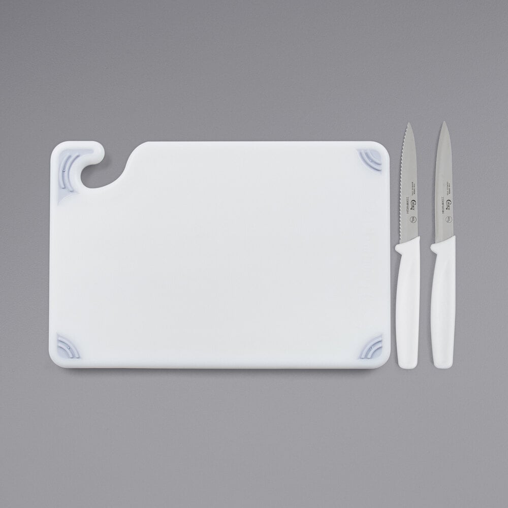 Choice 9 x 6 x 3/8 White Bar Size Cutting Board and Knife Set