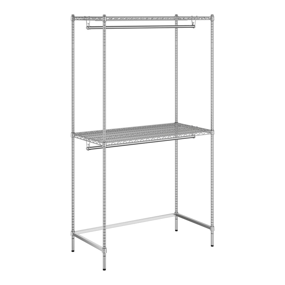 A Regency chrome metal double hang garment rack with shelves.