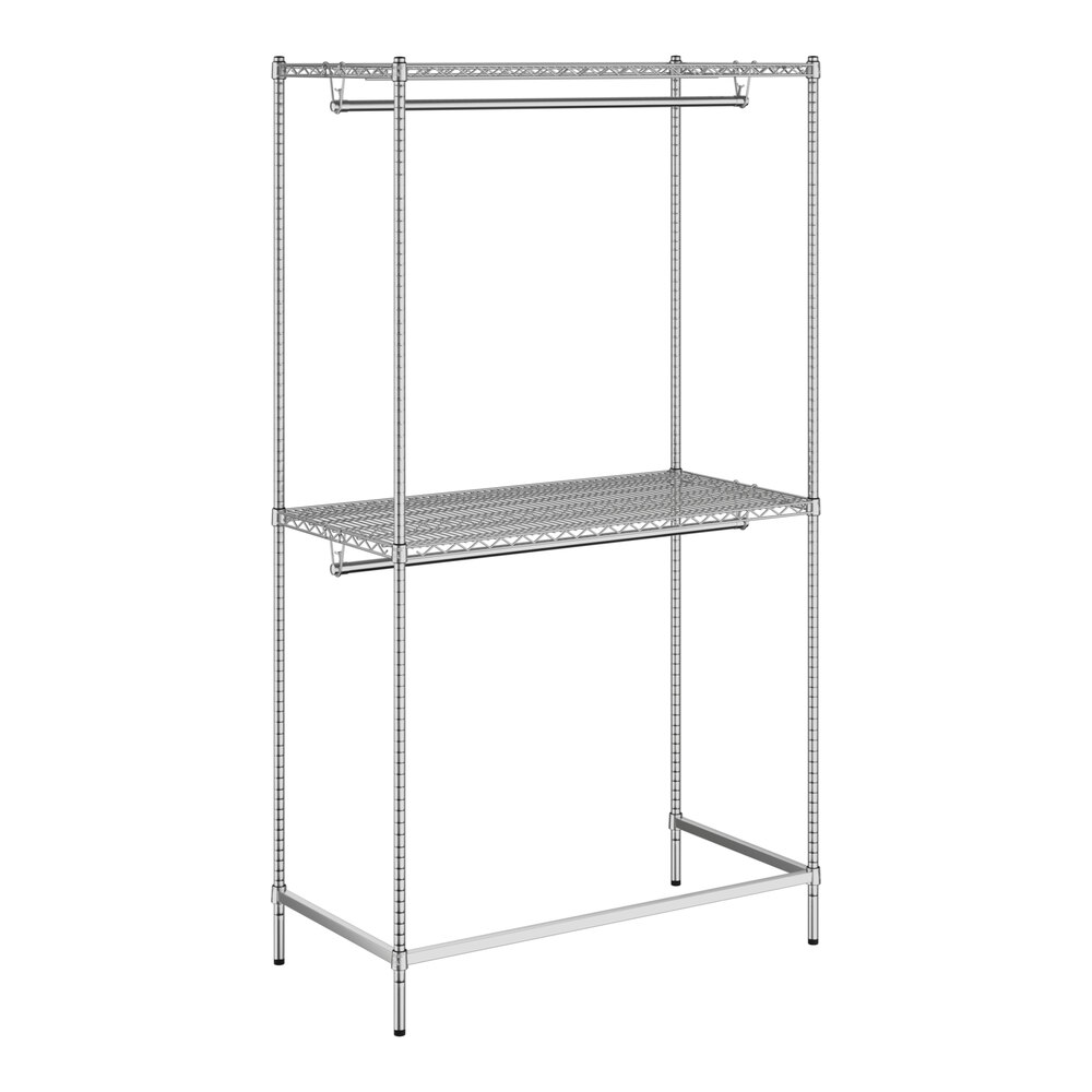 A chrome metal Regency double hang garment rack with shelves.