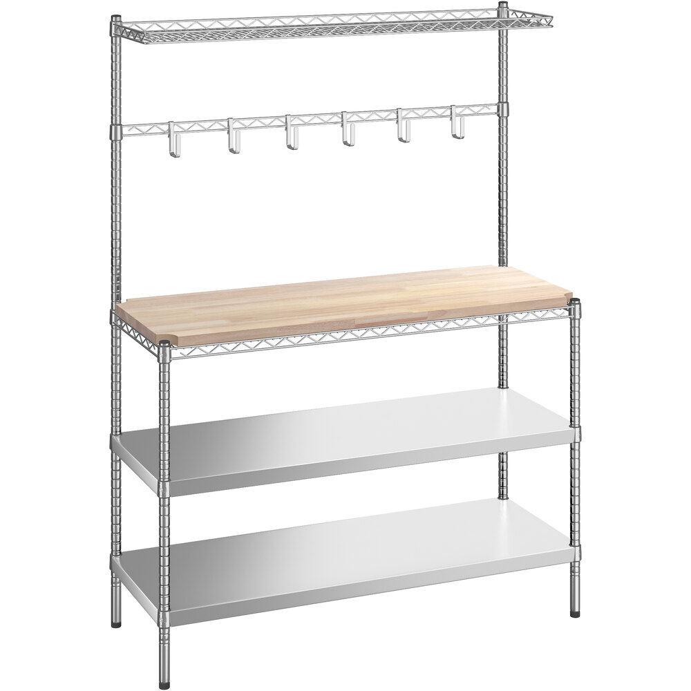 Regency 18 inch x 48 inch x 64 inch NSF Chrome Baker's Rack Solid Stainless Steel Shelf with Hardwood Cutting Board