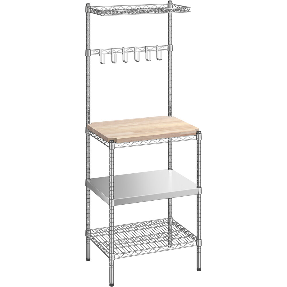 Regency 18 inch x 24 inch x 64 inch NSF Chrome Baker's Rack Wire Shelf and Solid Stainless Steel Shelf with Hardwood Cutting Board