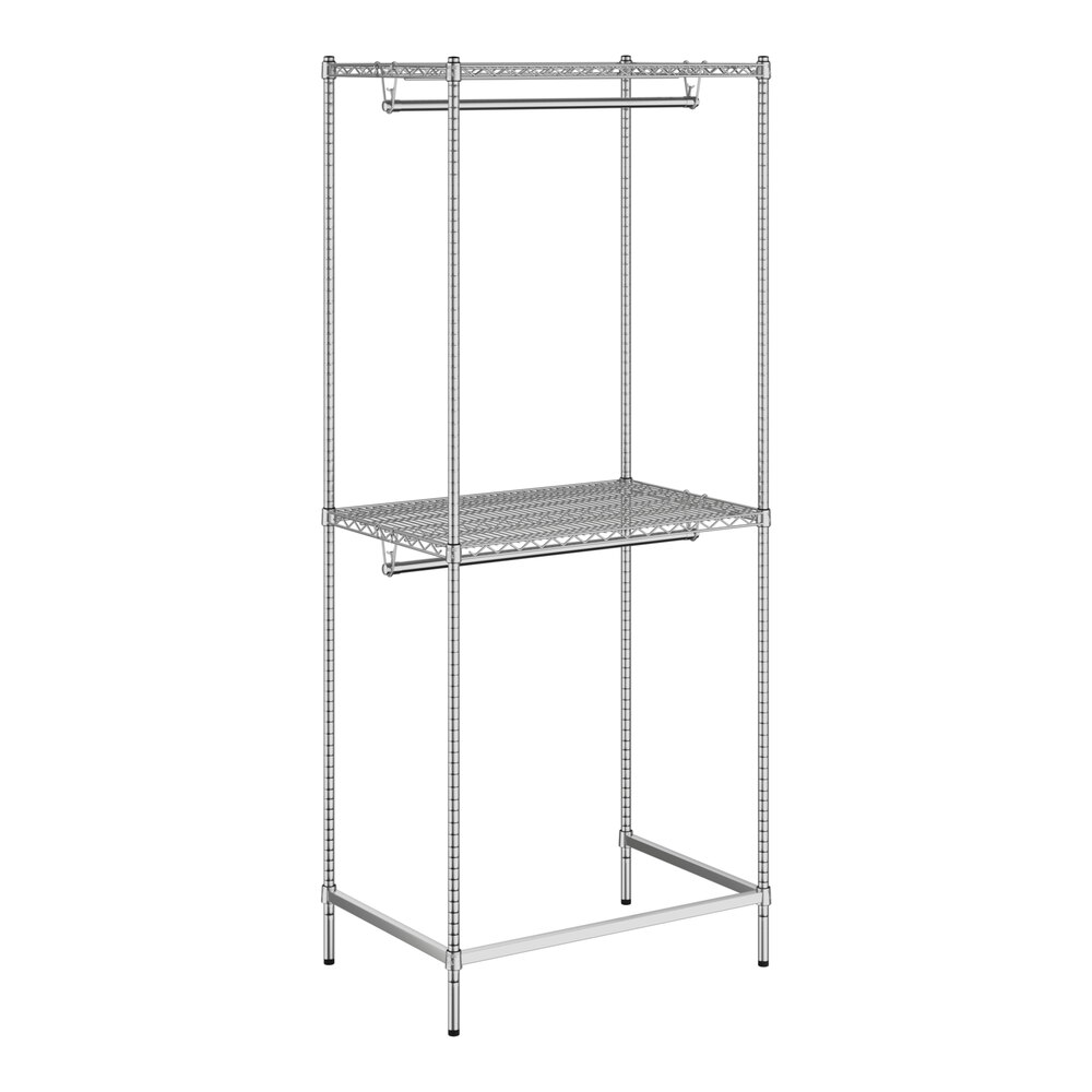 A wireframe of a metal Regency garment rack with two shelves on it.