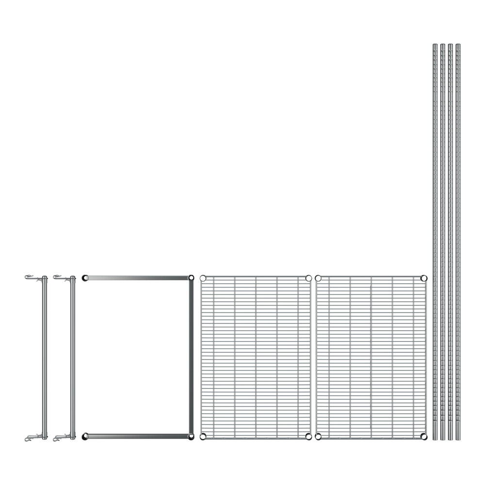 A Regency chrome metal double hang garment rack with metal grids and bars.
