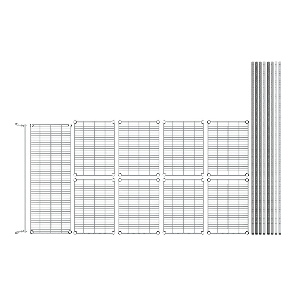 A drawing of a Regency chrome double garment rack with metal poles and wire grids.