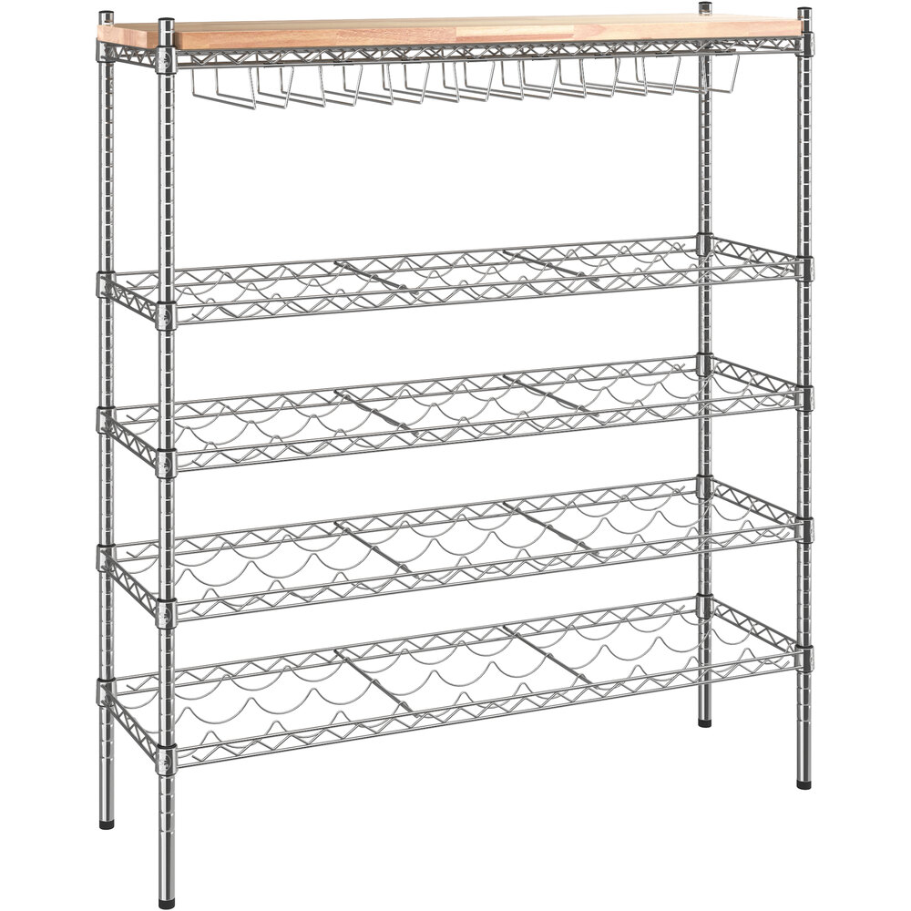 Regency 14 inch x 48 inch 4 Shelf 44-Bottle Wire Wine Rack with 54 inch Posts and Hardwood Top