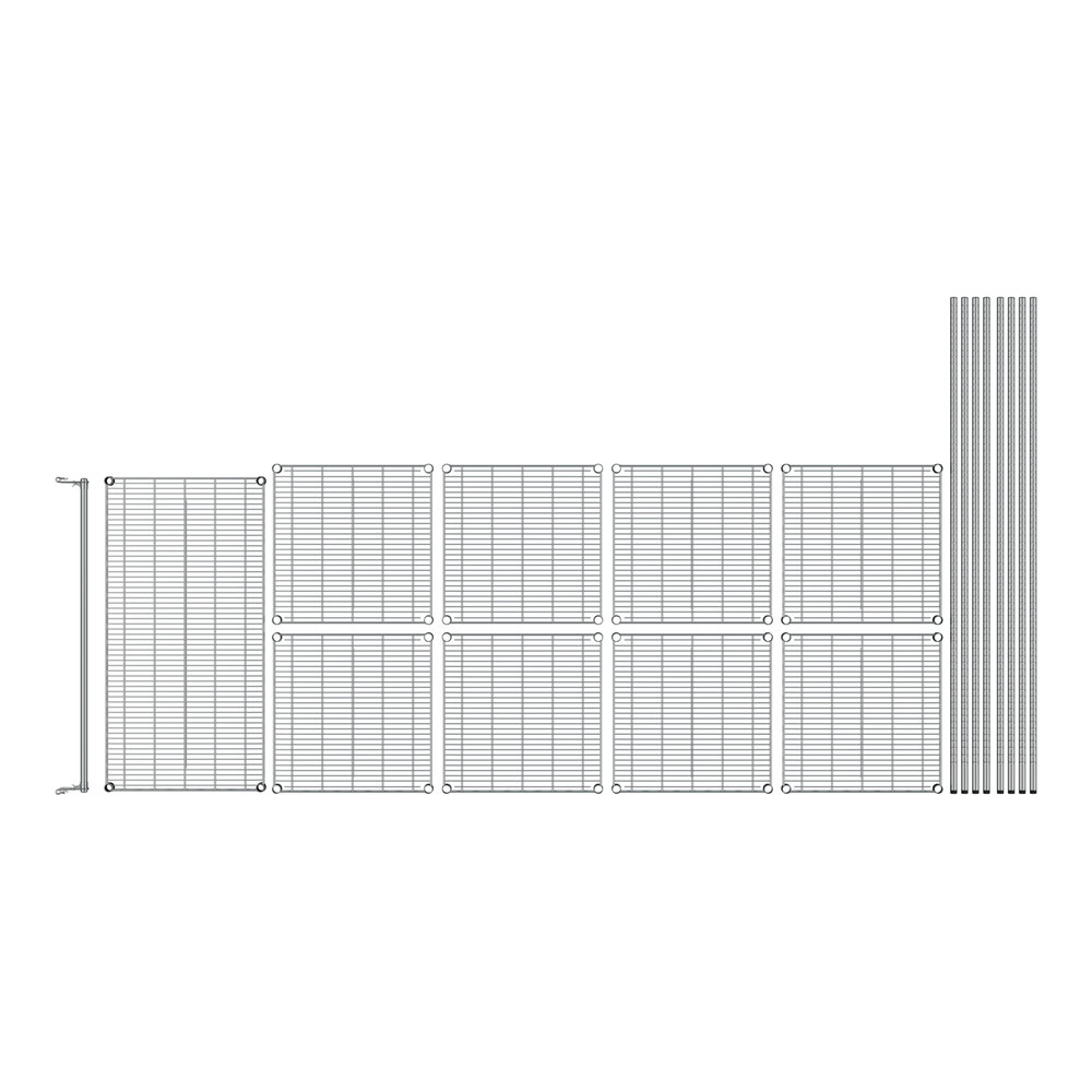 A Regency chrome garment rack with wire mesh panels and pipes.