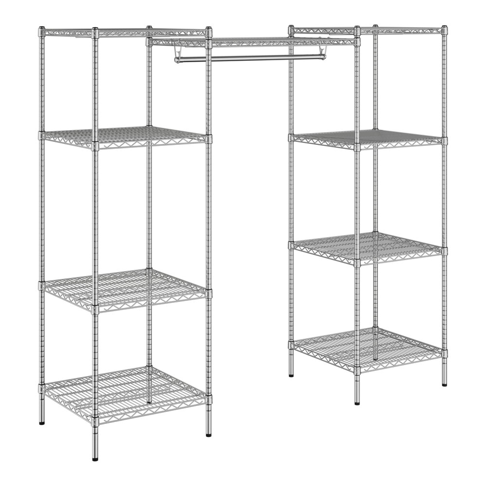 A wireframe of a Regency chrome double garment rack with shelves.