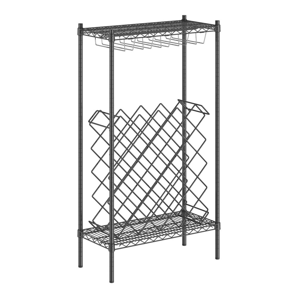 A black wire wine glass rack with a basket.
