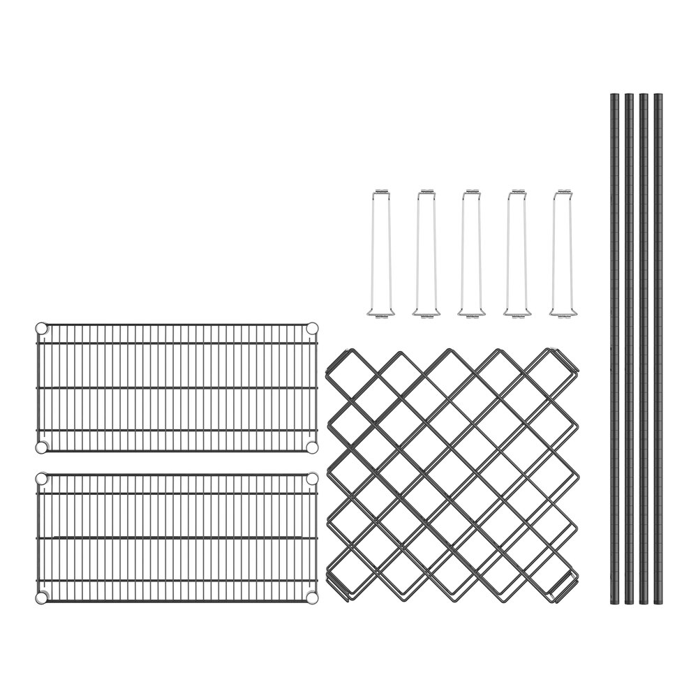 A wire grid wine glass rack module with metal rods and a fence.