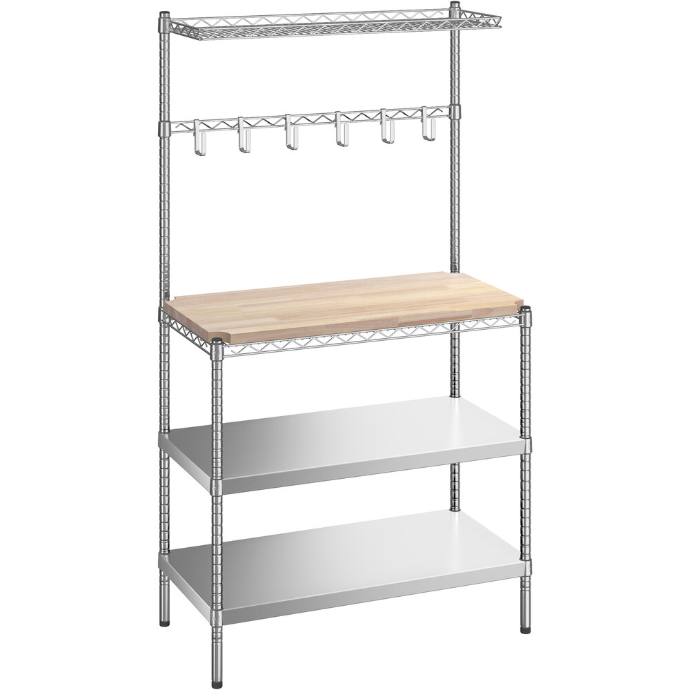 Regency 18 inch x 36 inch x 64 inch NSF Chrome Baker's Rack Solid Stainless Steel Shelf with Hardwood Cutting Board
