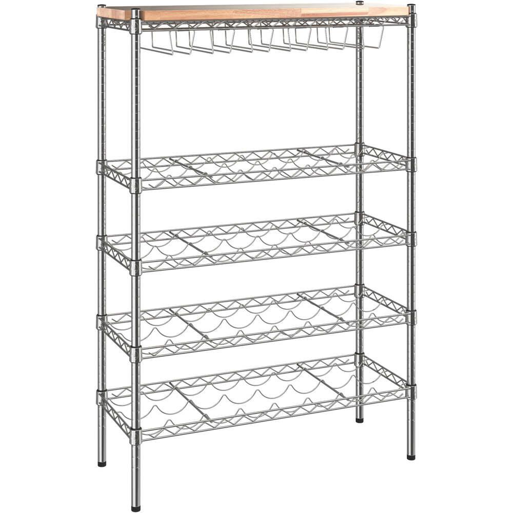 Regency 14 inch x 36 inch 4 Shelf 32-Bottle Wire Wine Rack with 54 inch Posts and Hardwood Top