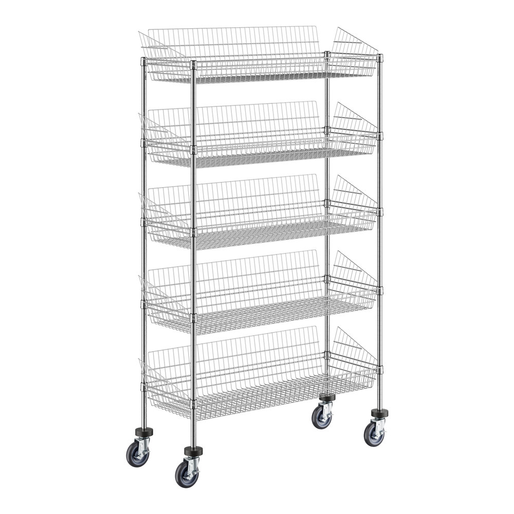 A Regency chrome wire rack with wheels and 5 baskets.