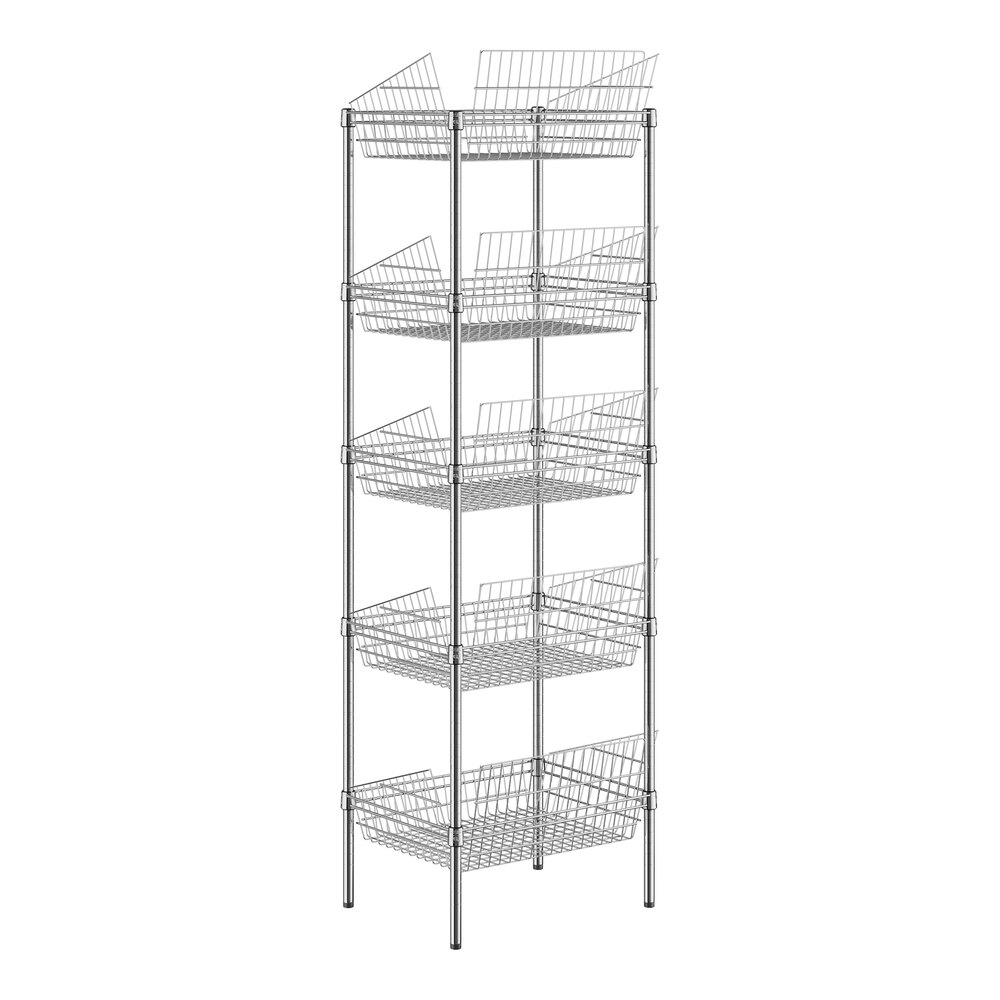 A Regency metal rack with five shelves and baskets on it.