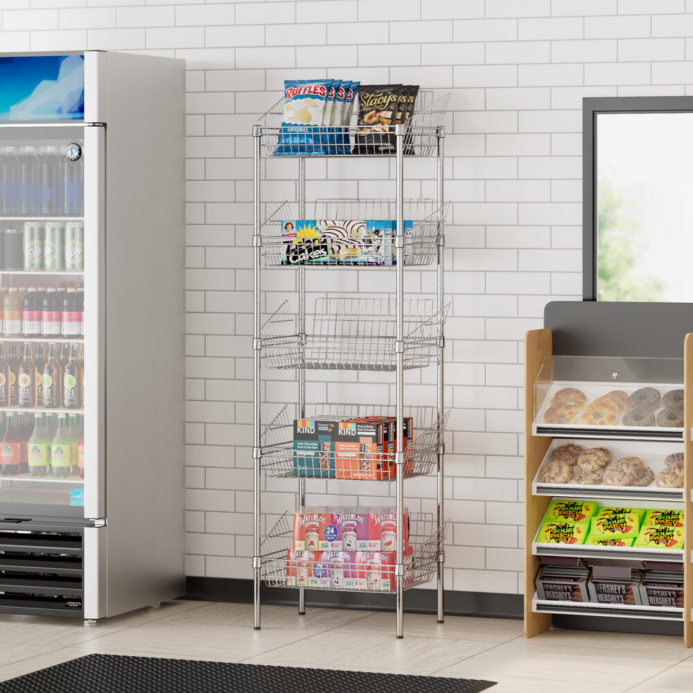A Regency chrome retail storage display stand with shelves of food and drinks.