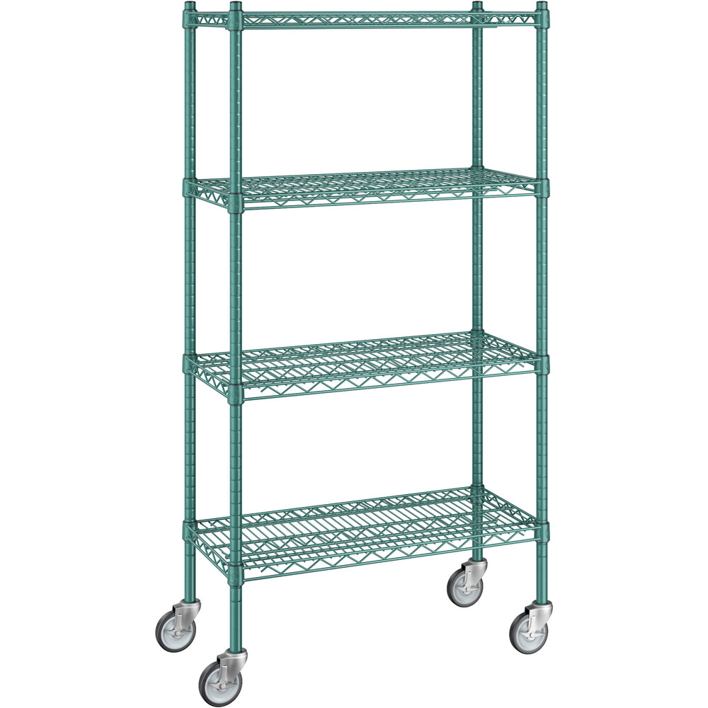 Regency 14 inch x 30 inch x 60 inch NSF Green Epoxy Mobile Wire Shelving Starter Kit with 4 Shelves