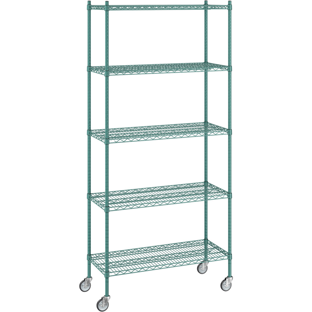 Regency 18 inch x 42 inch x 92 inch NSF Green Epoxy Mobile Wire Shelving Starter Kit with 5 Shelves