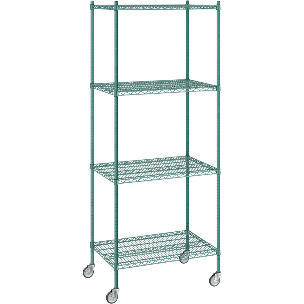 Regency 24 inch x 36 inch x 92 inch NSF Green Epoxy Mobile Wire Shelving Starter Kit with 4 Shelves