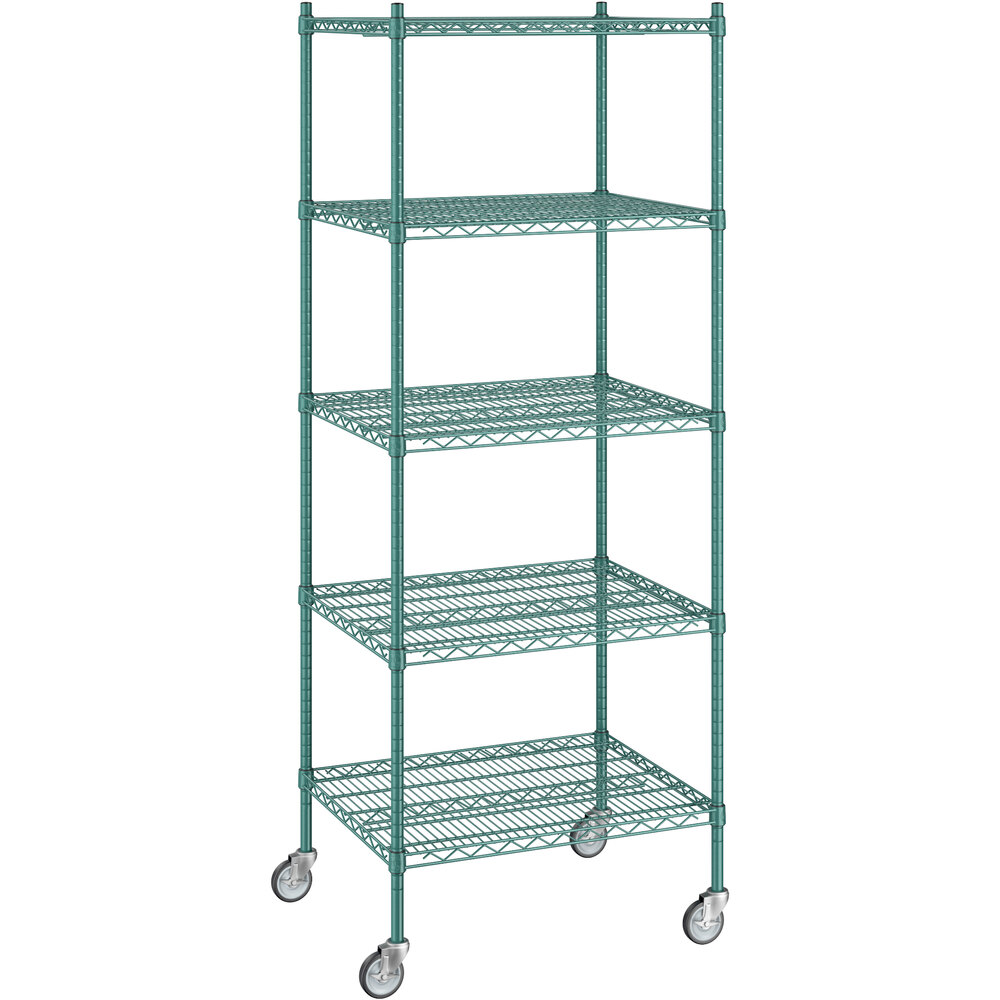 Regency 24 inch x 30 inch x 80 inch NSF Green Epoxy Mobile Wire Shelving Starter Kit with 5 Shelves