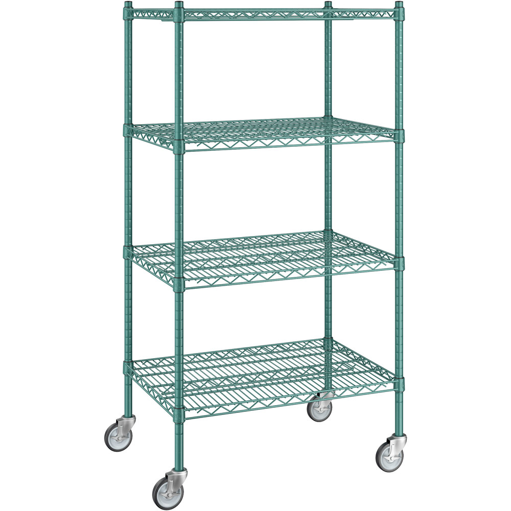 Regency 21 inch x 30 inch x 60 inch NSF Green Epoxy Mobile Wire Shelving Starter Kit with 4 Shelves