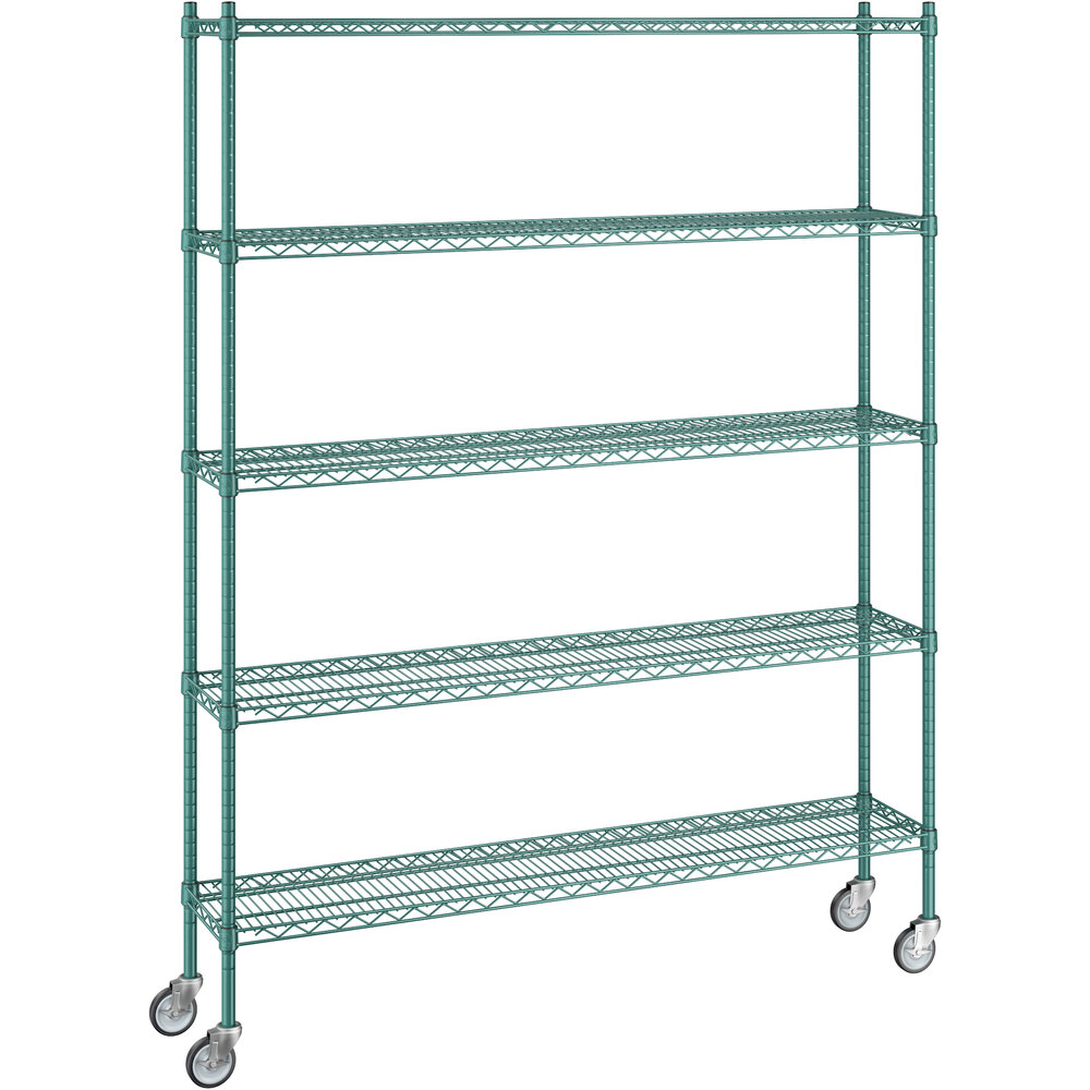 Regency 12 inch x 60 inch x 80 inch NSF Green Epoxy Mobile Wire Shelving Starter Kit with 5 Shelves