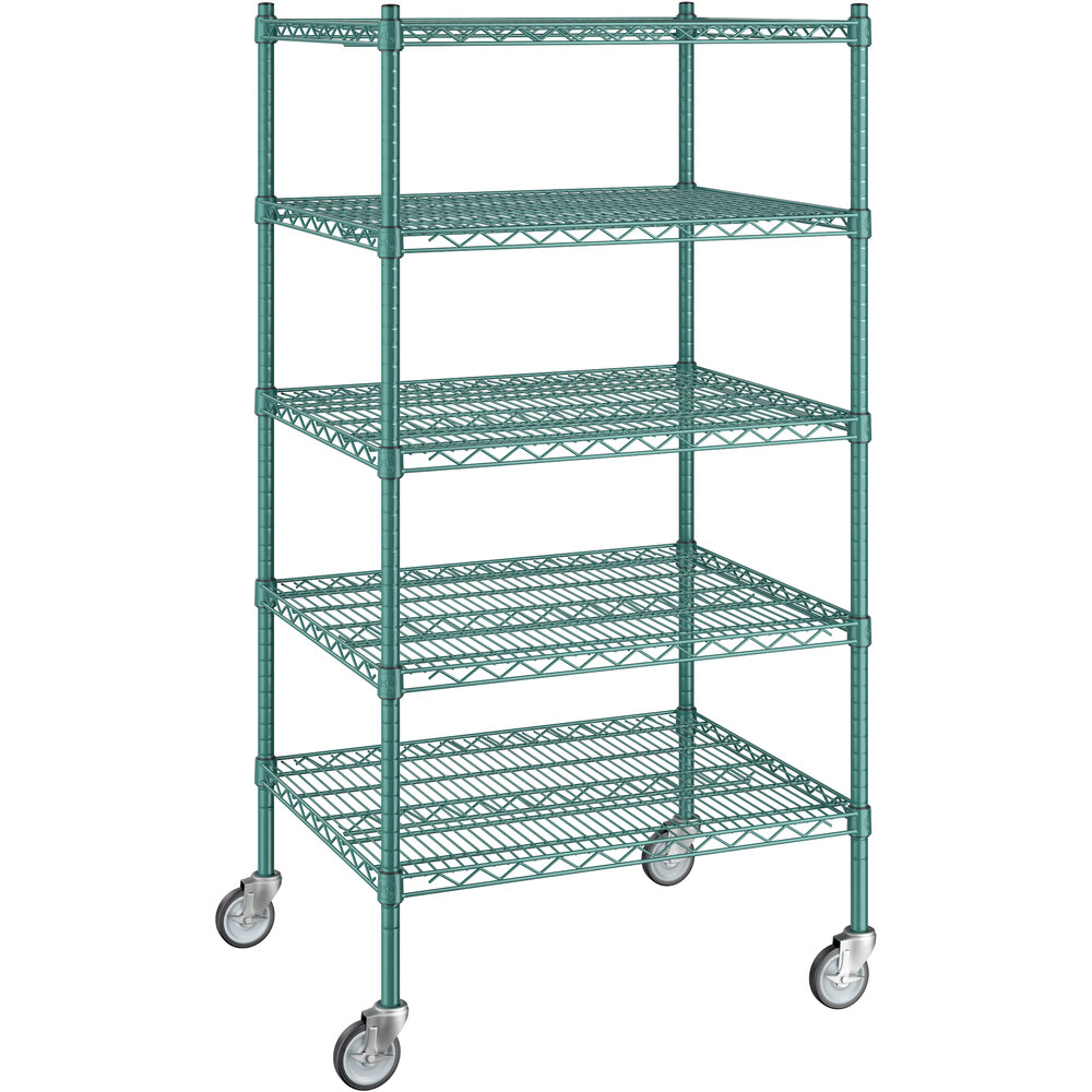Regency 24 inch x 30 inch x 60 inch NSF Green Epoxy Mobile Wire Shelving Starter Kit with 5 Shelves