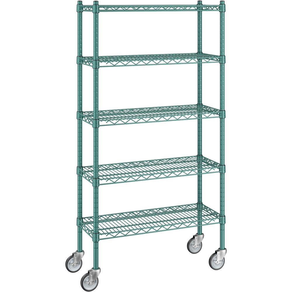 Regency 12 inch x 30 inch x 60 inch NSF Green Epoxy Mobile Wire Shelving Starter Kit with 5 Shelves