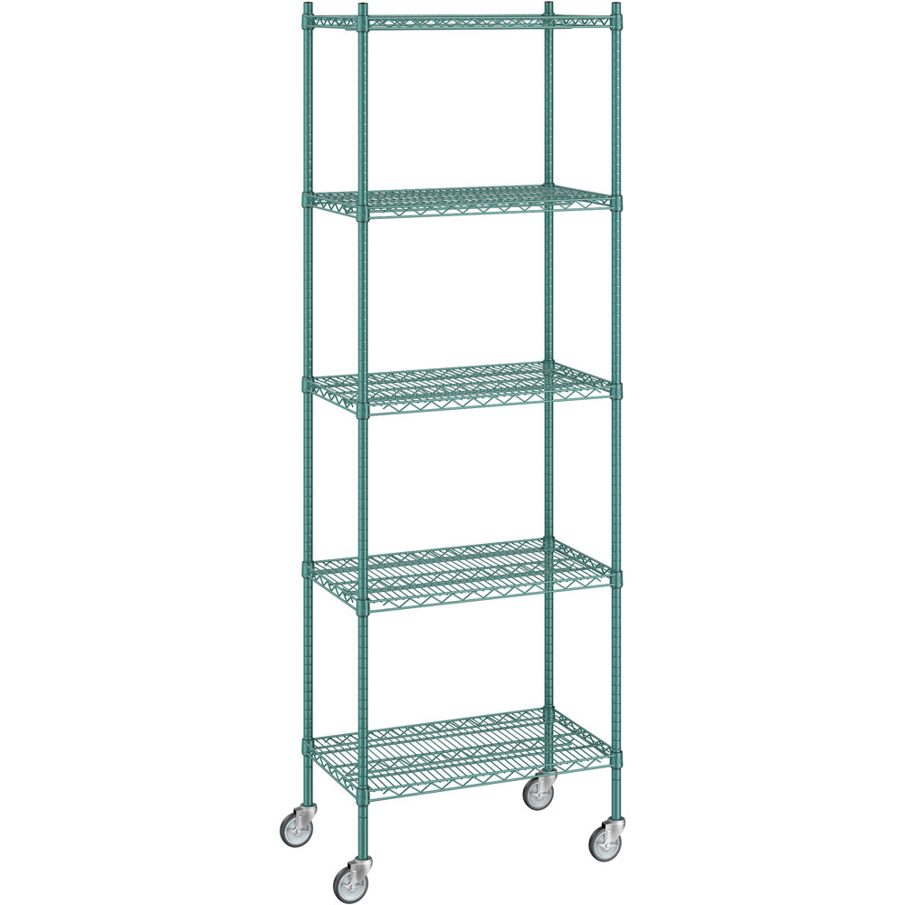 Regency 18 inch x 30 inch x 92 inch NSF Green Epoxy Mobile Wire Shelving Starter Kit with 5 Shelves