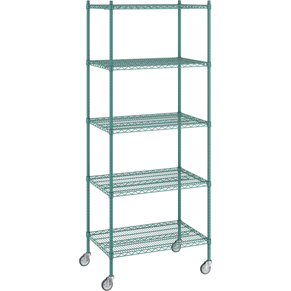 Regency 24 inch x 36 inch x 92 inch NSF Green Epoxy Mobile Wire Shelving Starter Kit with 5 Shelves