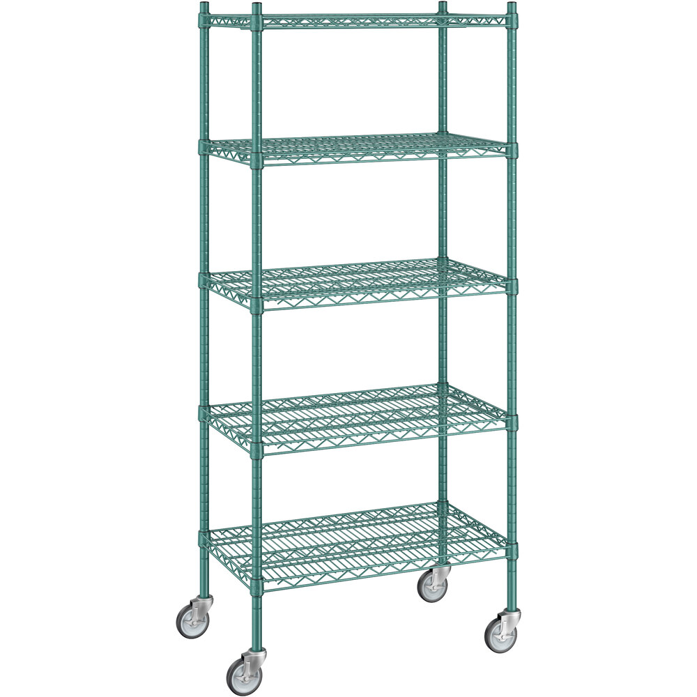 Regency 18 inch x 30 inch x 70 inch NSF Green Epoxy Mobile Wire Shelving Starter Kit with 5 Shelves