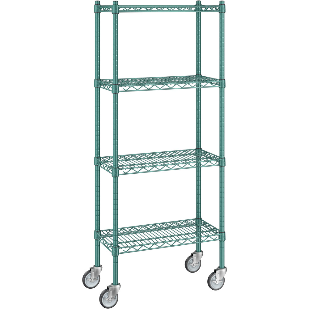 Regency 12 inch x 24 inch x 60 inch NSF Green Epoxy Mobile Wire Shelving Starter Kit with 4 Shelves