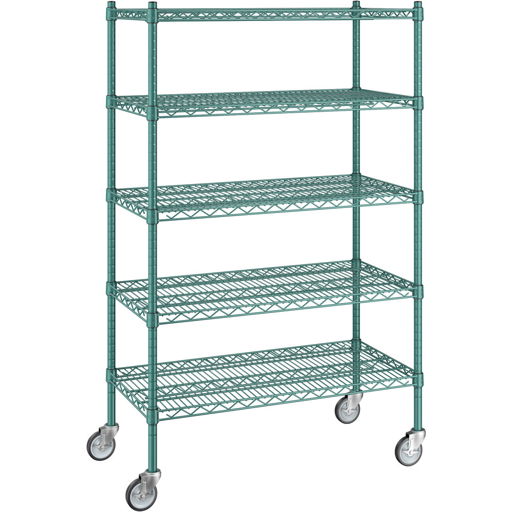 Regency 18 inch x 36 inch x 60 inch NSF Green Epoxy Mobile Wire Shelving Starter Kit with 5 Shelves
