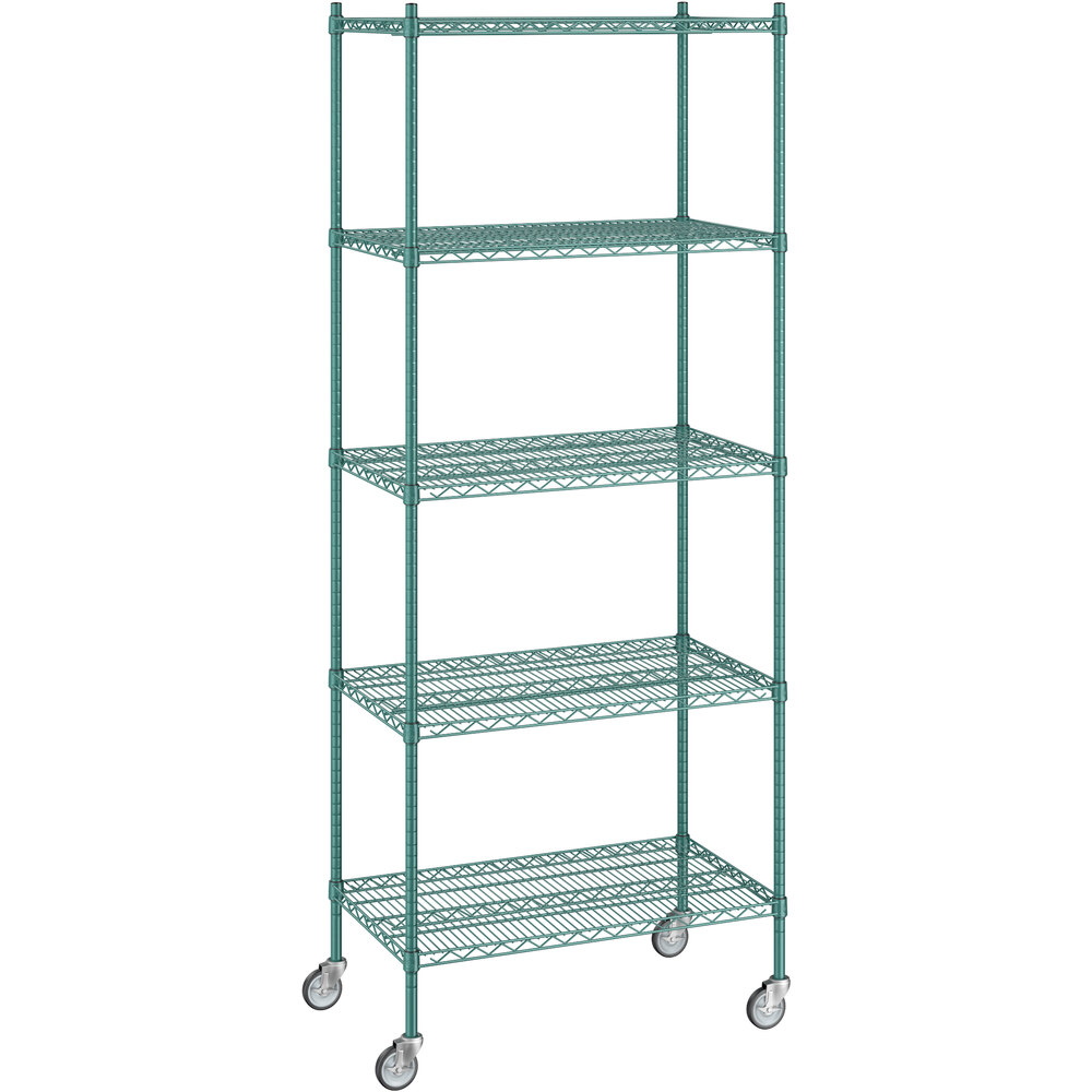 Regency 21 inch x 36 inch x 92 inch NSF Green Epoxy Mobile Wire Shelving Starter Kit with 5 Shelves