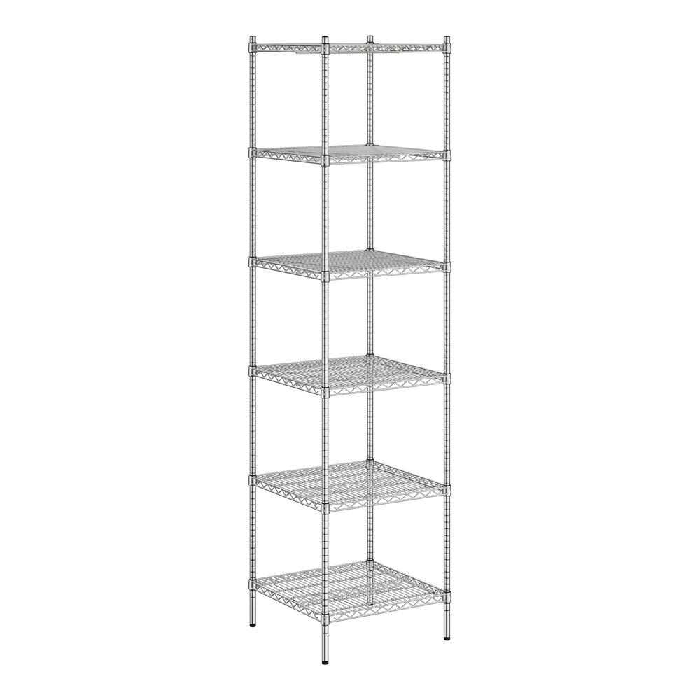 A wireframe of a Regency chrome stationary wire shelving unit with six shelves.