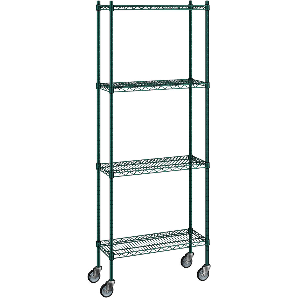 Regency 12 inch x 30 inch x 80 inch NSF Green Epoxy Mobile Wire Shelving Starter Kit with 4 Shelves