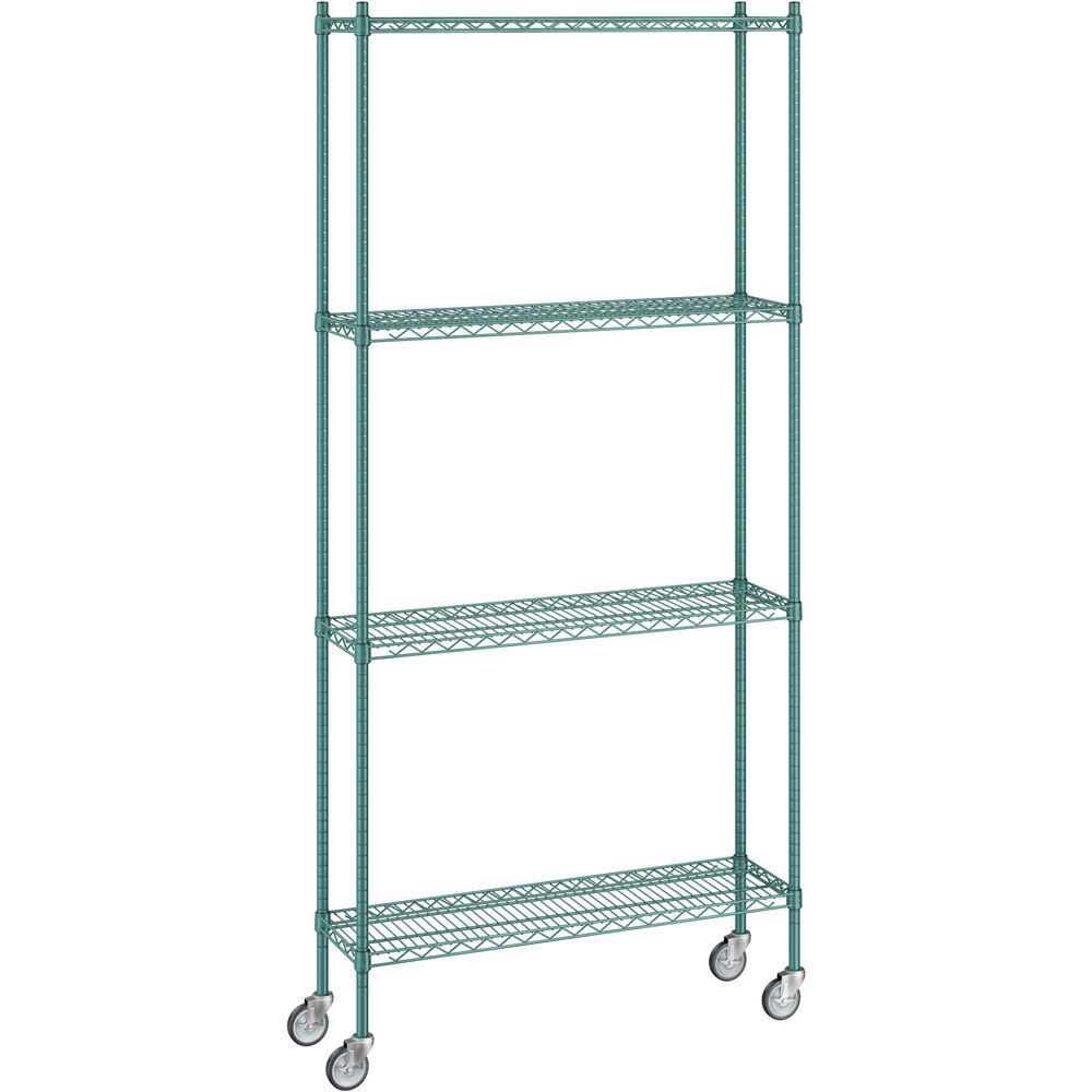 Regency 12 inch x 42 inch x 92 inch NSF Green Epoxy Mobile Wire Shelving Starter Kit with 4 Shelves