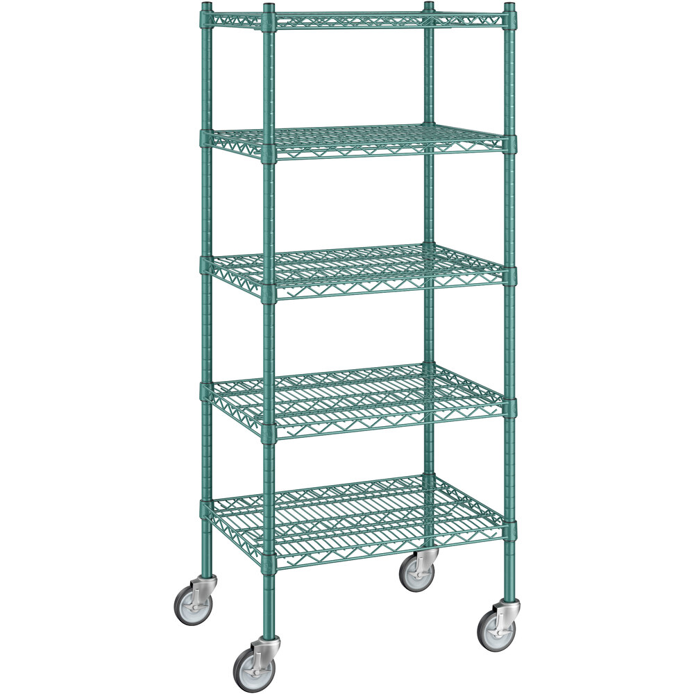 Regency 18 inch x 24 inch x 60 inch NSF Green Epoxy Mobile Wire Shelving Starter Kit with 5 Shelves