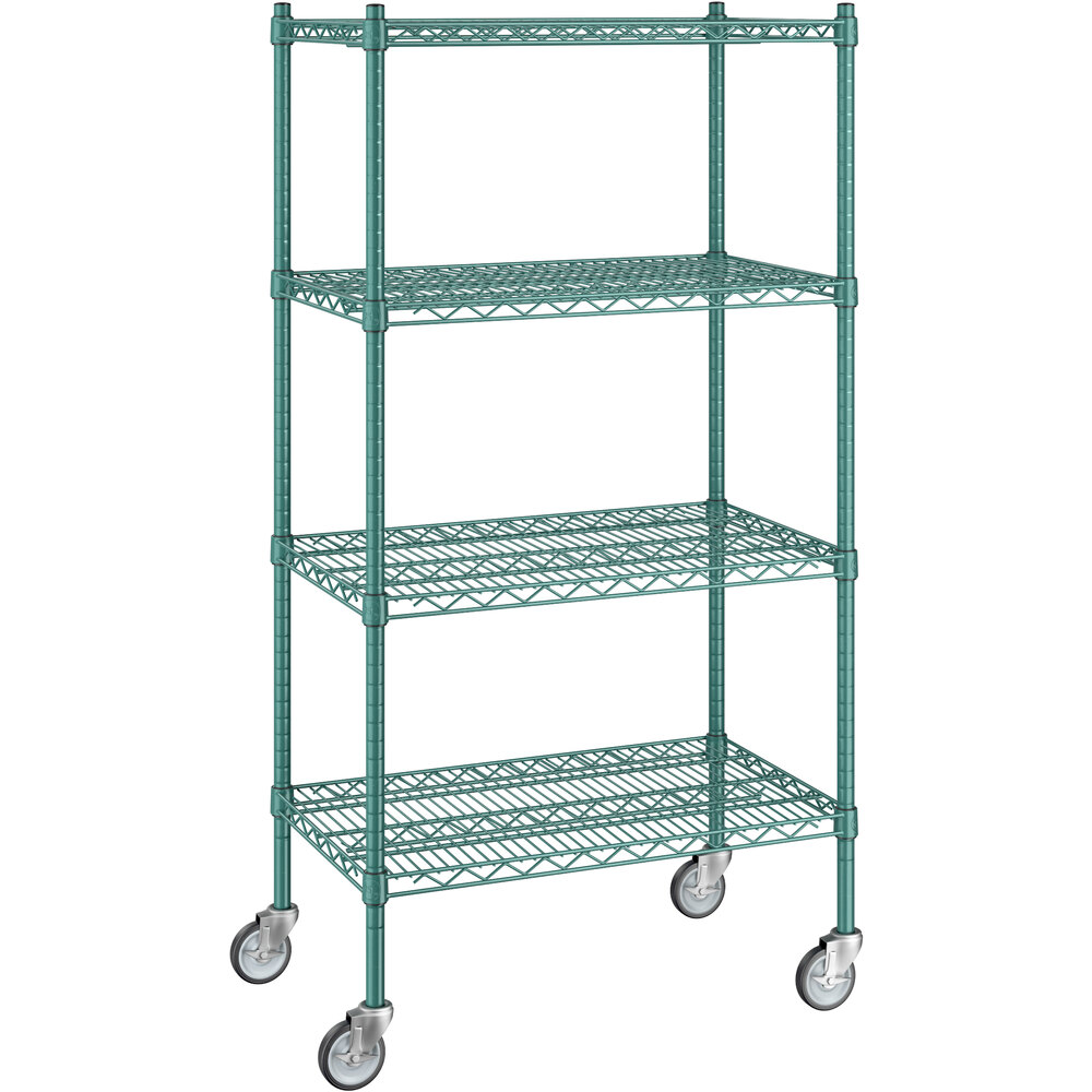 Regency 18 inch x 30 inch x 60 inch NSF Green Epoxy Mobile Wire Shelving Starter Kit with 4 Shelves