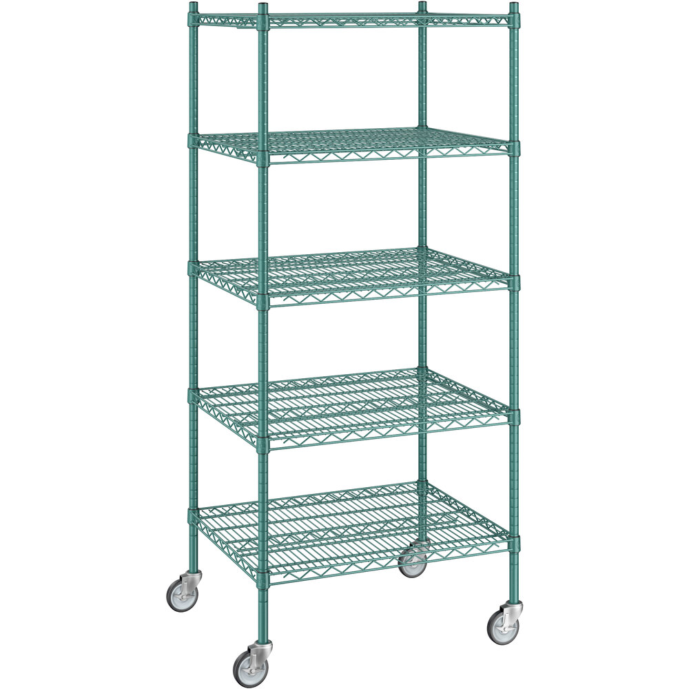 Regency 24 inch x 30 inch x 70 inch NSF Green Epoxy Mobile Wire Shelving Starter Kit with 5 Shelves
