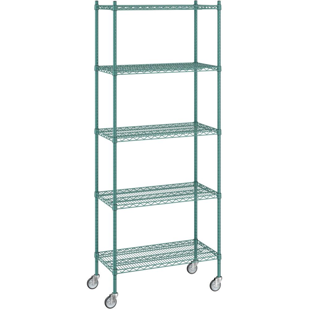 Regency 18 inch x 36 inch x 92 inch NSF Green Epoxy Mobile Wire Shelving Starter Kit with 5 Shelves
