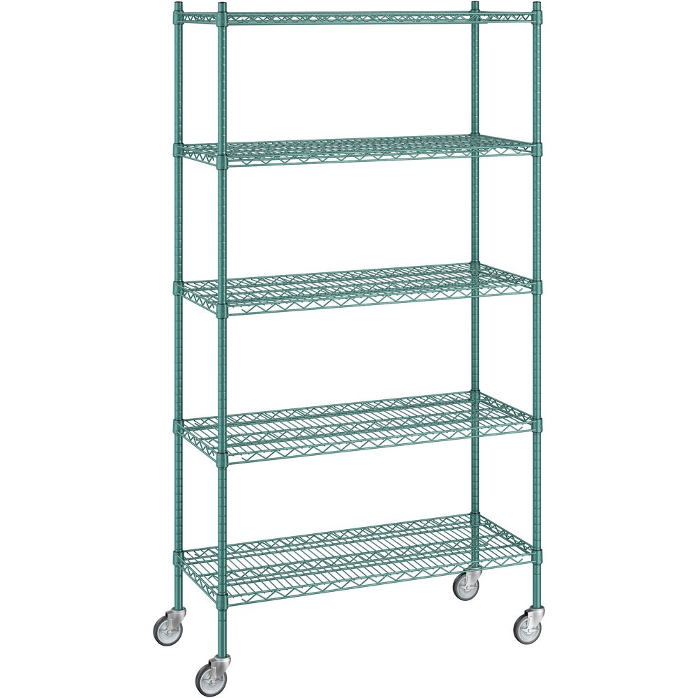 Regency 18 inch x 42 inch x 80 inch NSF Green Epoxy Mobile Wire Shelving Starter Kit with 5 Shelves