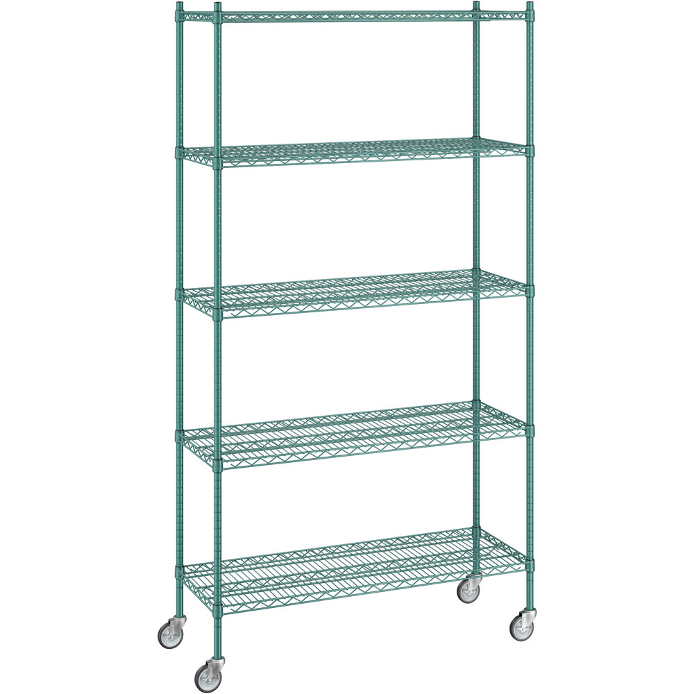 Regency 18 inch x 48 inch x 92 inch NSF Green Epoxy Mobile Wire Shelving Starter Kit with 5 Shelves