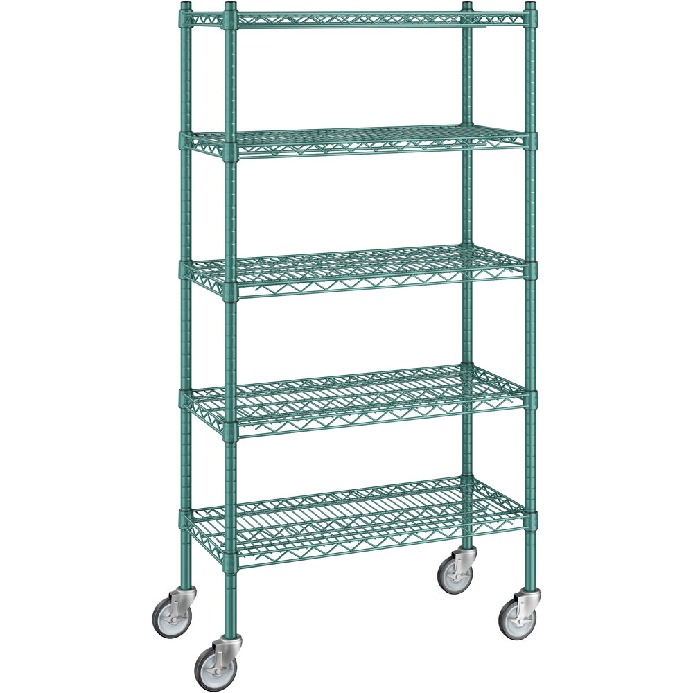 Regency 14 inch x 30 inch x 60 inch NSF Green Epoxy Mobile Wire Shelving Starter Kit with 5 Shelves
