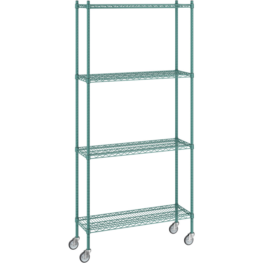 Regency 14 inch x 42 inch x 92 inch NSF Green Epoxy Mobile Wire Shelving Starter Kit with 4 Shelves