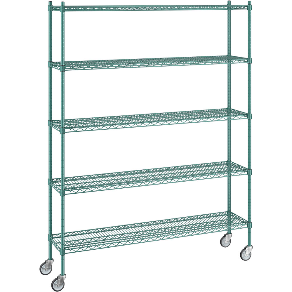 Regency 14 inch x 60 inch x 80 inch NSF Green Epoxy Mobile Wire Shelving Starter Kit with 5 Shelves