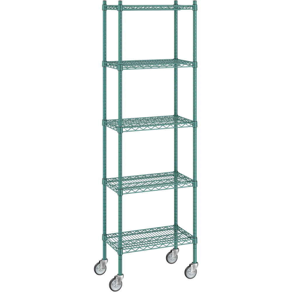 Regency 14 inch x 24 inch x 80 inch NSF Green Epoxy Mobile Wire Shelving Starter Kit with 5 Shelves