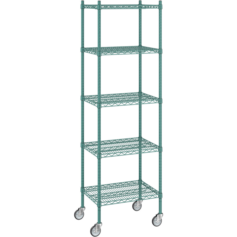 Regency 18 inch x 24 inch x 80 inch NSF Green Epoxy Mobile Wire Shelving Starter Kit with 5 Shelves